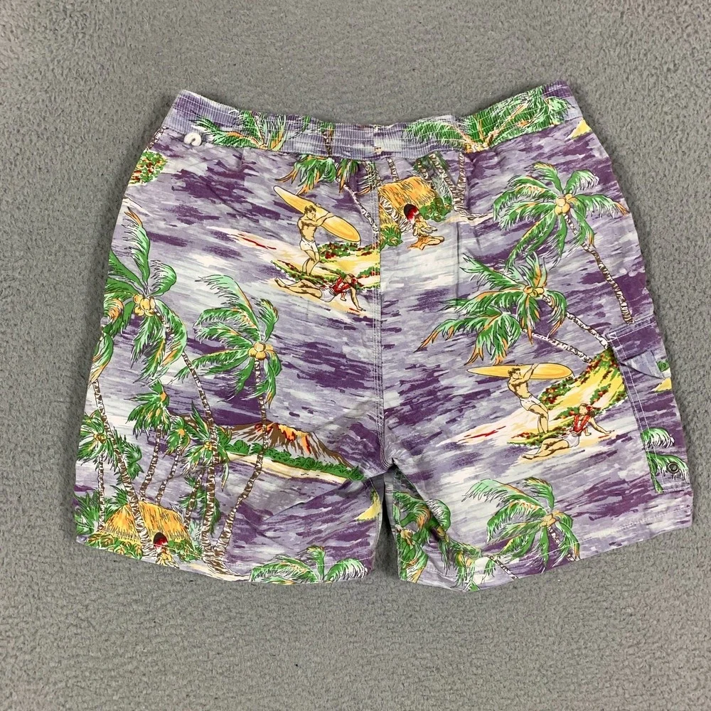 Polo Ralph Lauren Swim Board Shorts Mens Medium Purple Palm Tree Hawaiian Surfer
